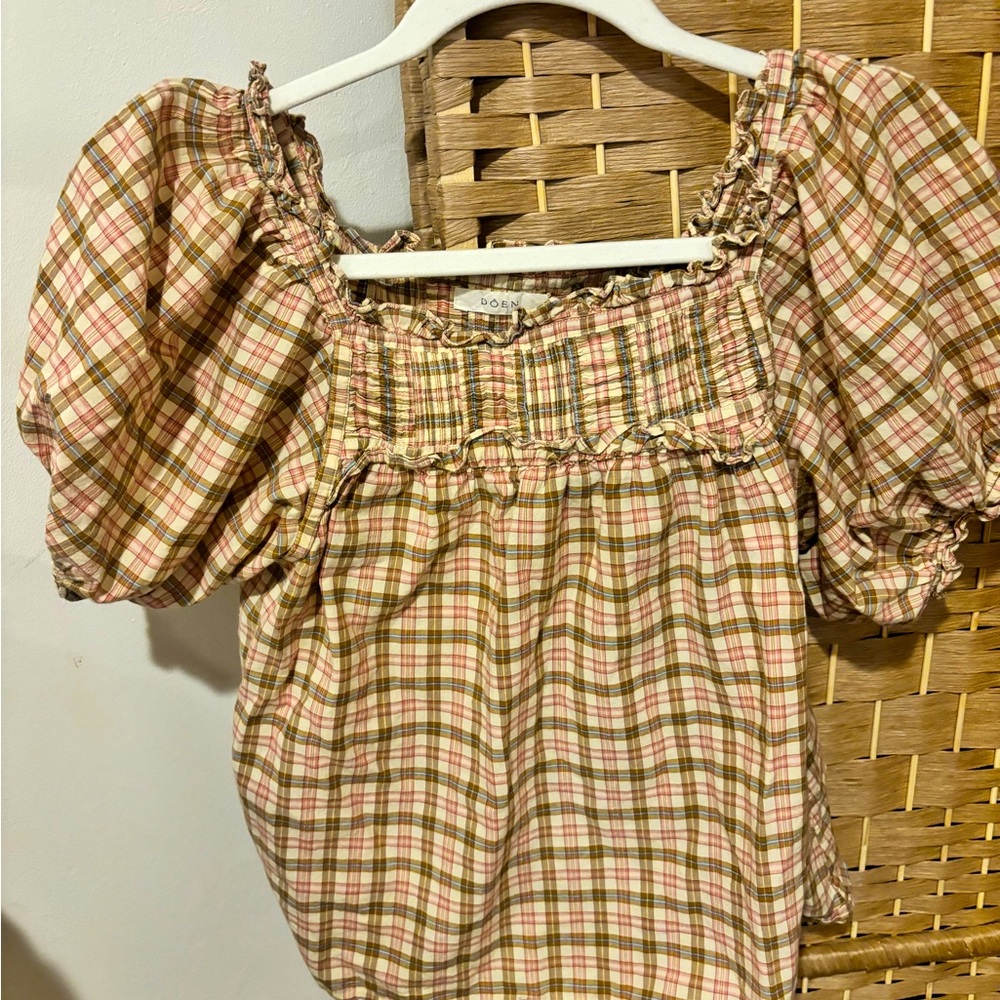 Doen plaid puff sleeve top with smocking and ruffle detail